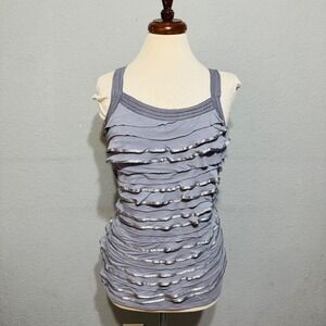 EXPRESS Women Y2K Gray Ruffle Tiered Tank Strap Lightweight Top Sz M with Ribbon